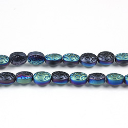 Glass Lampwork Bead Engraved - Oval 10x8MM MATTE JET 1/2 GREEN