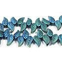 Glass Lampwork Bead Engraved - Leaf 8X18MM MATTE FULL METALLIC GREEN