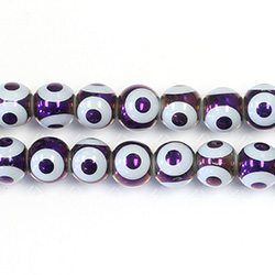 Pressed Glass Bead Smooth - Dot Pattern, Metallic Purple on Alabaster Base - Round 08MM