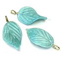 Glass Pendant Leaf with Brass Loop 24x14MM LT BLUE TURQUOISE