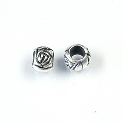 Metalized Plastic Engraved Bead - Rosebud with Large Hole 08MM ANTIQUE SILVER