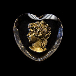 Glass Flat Back Reverse Carved Intaglio Back Woman's Head Left Facing Heart 35x34MM GOLD PAINTED on CRYSTAL