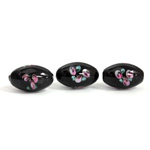Czech Glass Lampwork Bead - Oval Smooth 12x8MM Flower PINK ON BLACK (40202)