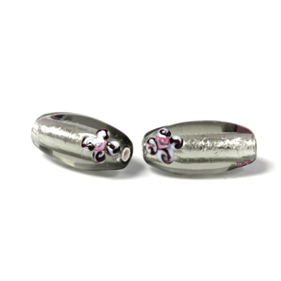 Czech Glass Lampwork Bead - Oval 18x8MM Flower ON BLACK DIAMOND with SILVER FOIL
