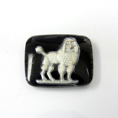Glass Crystal Painting with Carved Intaglio Poodle Cushion Antique 27x22MM  SILVER on JET