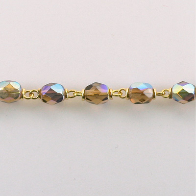 Linked Bead Chain Rosary Style with Glass Fire Polish Bead - Round 6MM SMOKE TOPAZ AB-GOLD