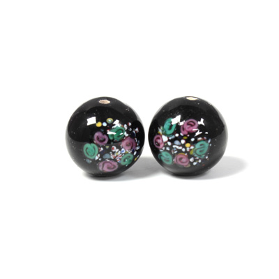 Czech Glass Lampwork Bead - Smooth Round 14MM Flower ON BLACK  (40361)