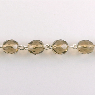 Linked Bead Chain Rosary Style with Glass Fire Polish Bead - Round 8MM SMOKE TOPAZ-SILVER