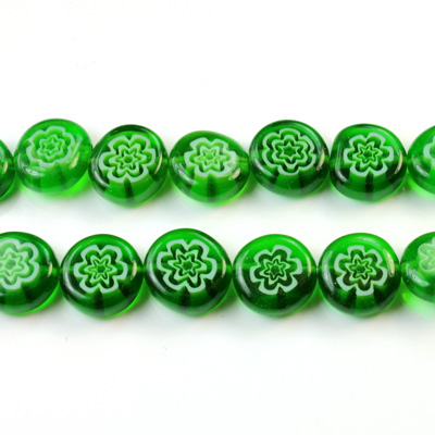 Glass Millefiori Bead - Flat Round 10x4MM GREEN WHITE EMERALD (24)