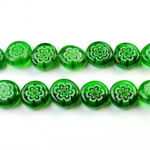 Glass Millefiori Bead - Flat Round 10x4MM GREEN WHITE EMERALD (24)