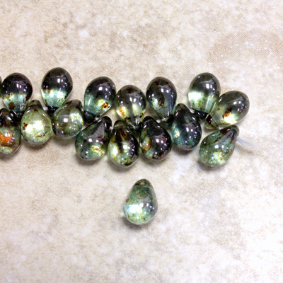 Czech Pressed Glass Pendant - Smooth Drop 9x6MM LUMI COATED GREEN