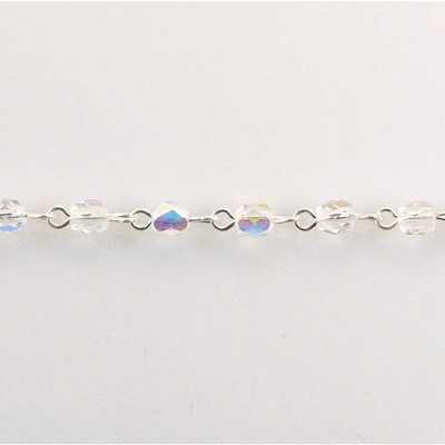 Linked Bead Chain Rosary Style with Glass Fire Polish Bead - Round 4MM CRYSTAL AB-SILVER