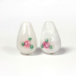 Czech Glass Lampwork Bead - Pear Smooth 18x12MM Flower PINK ON WHITE (00048)