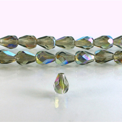 Czech Glass Fire Polish Bead - Pear 08x6MM BLACK DIAMOND AB
