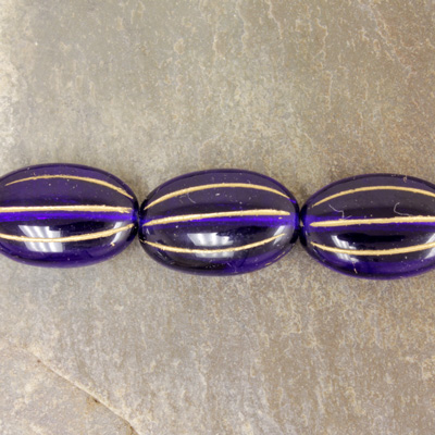 Czech Pressed Glass Bead - Ribbed Melon Oval 17x11MM GOLD on COBALT