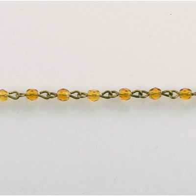 Linked Bead Chain Rosary Style with Glass Fire Polish Bead - Round 3MM TOPAZ-Brass