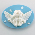 Plastic Cameo - Cherub, Rafael Oval 40x30MM WHITE ON AQUA