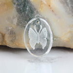 German Glass Engraved Buff Top Intaglio Pendant - Butterfly Oval 18x13MM MATTE CRYSTAL