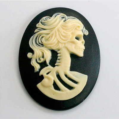 Plastic Cameo - Skeleton, Lolita Oval 40x30MM IVORY ON BLACK