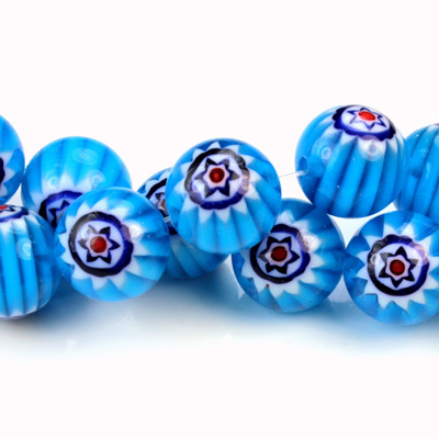 Glass Millefiori Bead - Round 12MM LT BLUE BLUE RED (06)