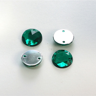 Plastic Flat Back 2-Hole Foiled Sew-On Stone - Round 12MM EMERALD