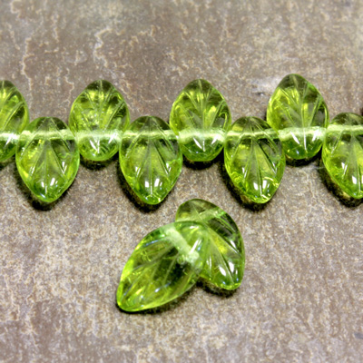 Czech Pressed Glass Engraved Pendant - Leaf 11x7MM OLIVINE