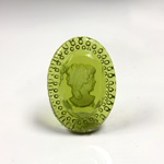 German Glass Flat Back Reverse Carved Intaglio Back Woman's Head - Oval 25x18MM MATTE OLIVENE ON OLIVENE