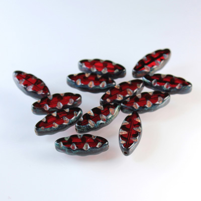 Czech Glass Fire Polish Bead Cut & Engraved Window 18x7MM RUBY with DIFFUSION COATING