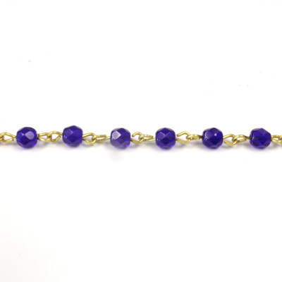 Linked Bead Chain Rosary Style with Glass Fire Polish Bead - Round 4MM COBALT-BRASS