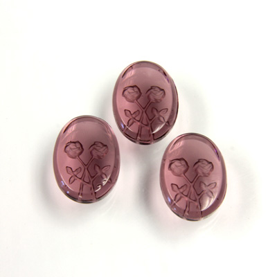 German Glass Flat Back Reverse Carved Intaglio Back 2 Rose Oval 14x10MM AMETHYST