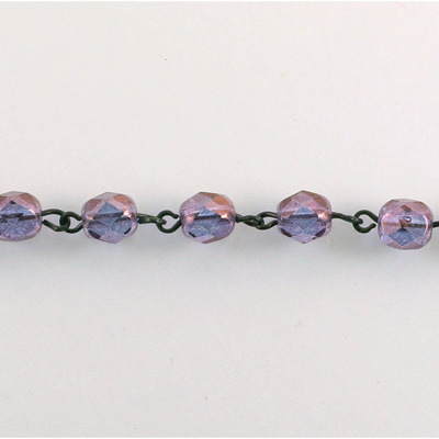 Linked Bead Chain Rosary Style with Glass Fire Polish Bead - Round 6MM PURPLE-JET