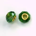 Glass Faceted Bead with Large Hole Gold Plated Center - Round 14x9MM EMERALD