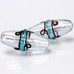 Czech Glass Lampwork Bead - Oval 28x11MM ART DECO AQUA with SILVER FOIL