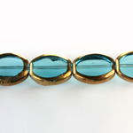 Glass Fire Polished Table Cut Window Bead - Oval 16x14MM AQUA with METALLIC COATING