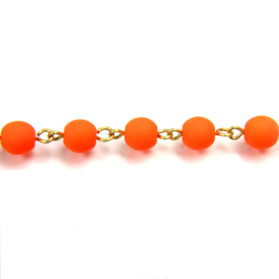 Linked Bead Chain Rosary Style with Glass Pressed Bead - Round 6MM MATTE NEON ORANGE-Brass
