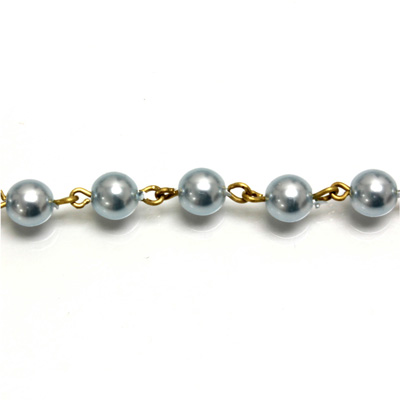 Linked Bead Chain Rosary Style with Glass Pearl Bead - Round 6MM LT BLUE-Brass