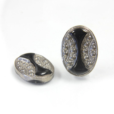 Glass Flat Back Engraved Button Top Stone - Oval 18x13MM MARCASITE on JET