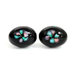 Czech Glass Lampwork Bead - Oval Smooth 16x12MM Flower PINK ON BLACK (40202)