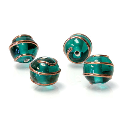 Czech Glass Lampwork Bead - Round 12MM COPPER WRAP EMERALD
