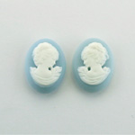 Plastic Cameo - Woman with Drop Earring Oval 18x13MM WHITE ON BLUE