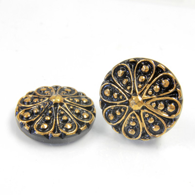 Glass Flat Back Engraved Button Top - Round Marcasite 22.5MM GOLD on JET