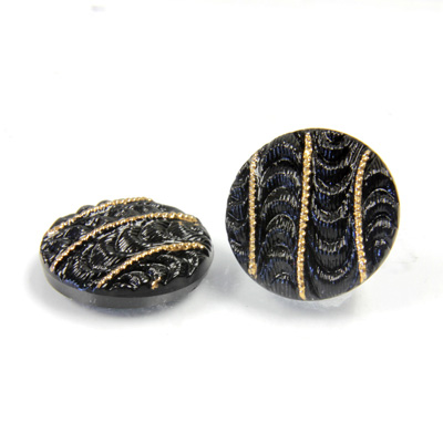 Glass Flat Back Engraved Button Top - Round Stripe 18MM GOLD ON JET
