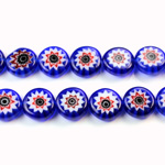 Glass Millefiori Bead - Flat Round 10x4MM BLUE WHITE RED (33)