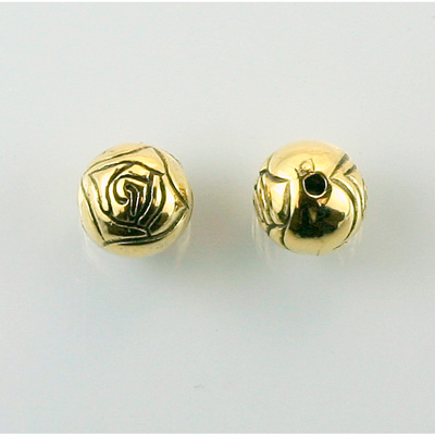 Metalized Plastic Engraved Bead - Rosebud  Round 10MM ANTIQUE GOLD