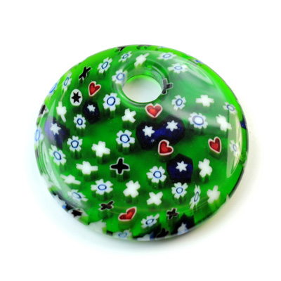 Glass Millefiori Pendant - Round Hoop 38MM GREEN WHITE (31)