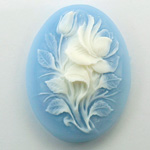 Plastic Cameo - Flower, Rose Oval 40x30MM WHITE ON BLUE