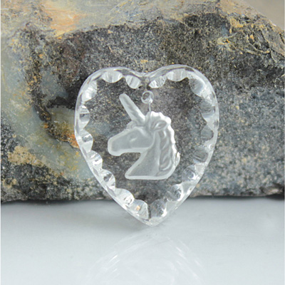 German Glass Engraved Buff Top Intaglio Pendant - UNICORN Heart 20x18MM MATTE CRYSTAL