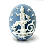 Plastic Cameo - Christmas Candle Oval 40x30MM WHITE ON BLUE