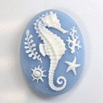 Plastic Cameo - Sea Horse Oval 40x30MM WHITE ON BLUE