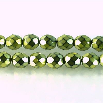 Czech Glass Pearl Faceted Fire Polish Bead - Round 08MM LIME ON BLACK 72183